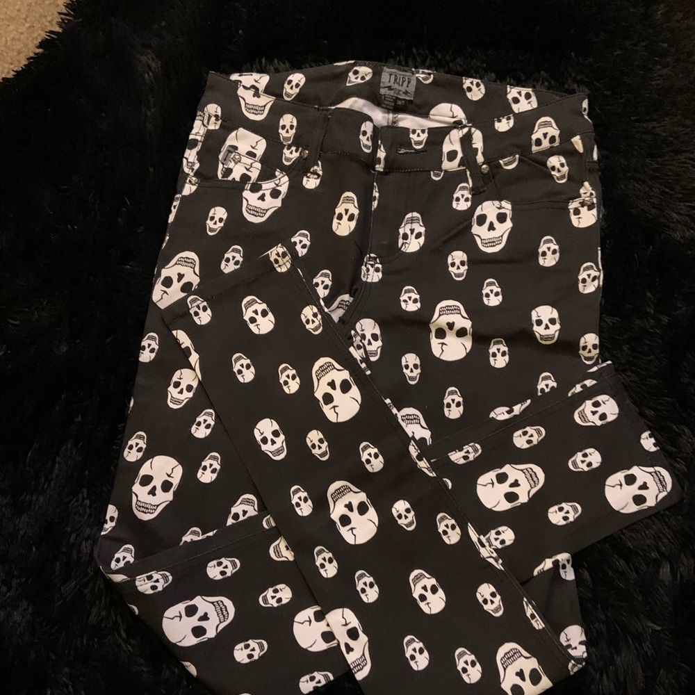 Black and white straight leg Skull jeans
